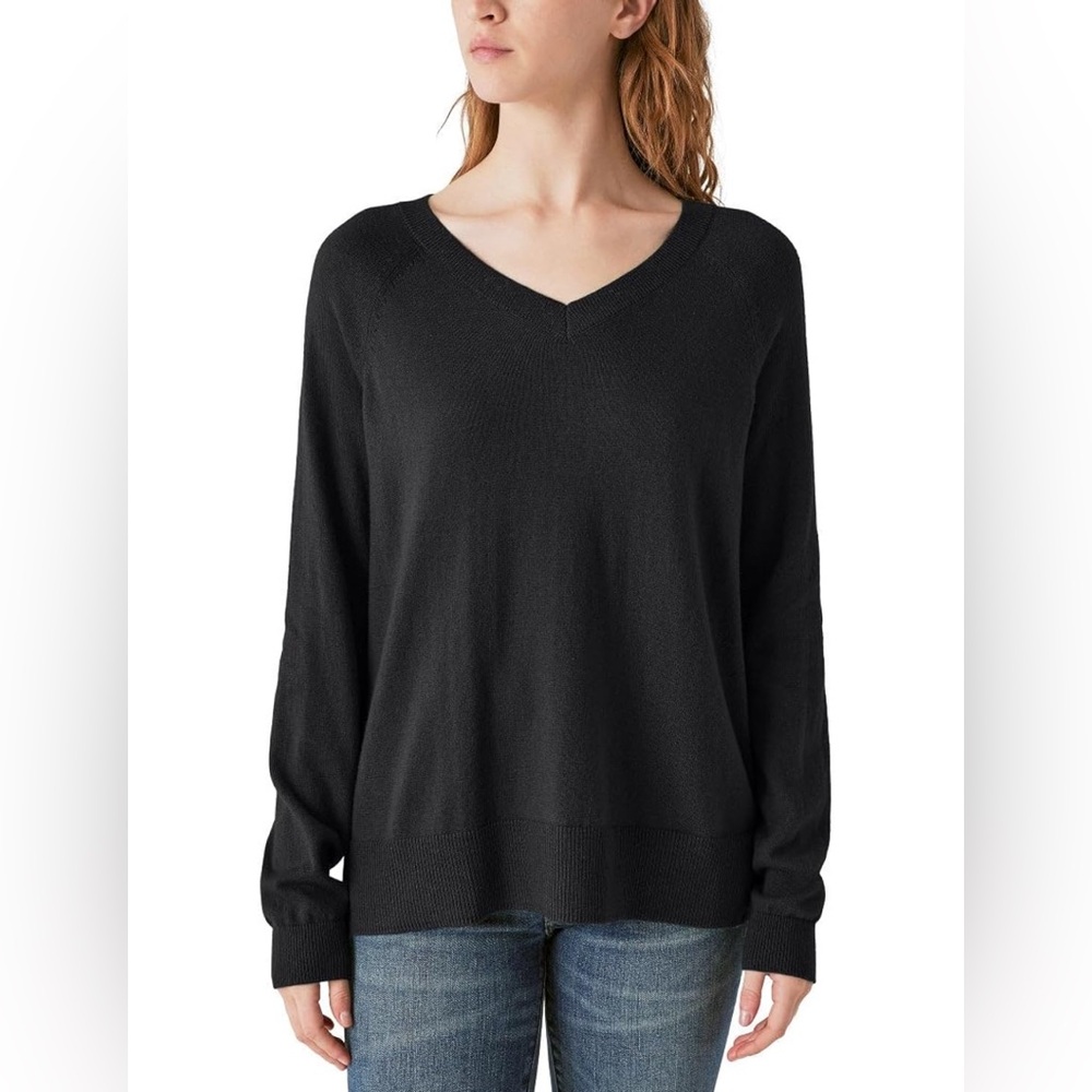 Lucky Brand Women's V-Neck Sweater, Long Sleeves Side Slits Cotton Blend Black M